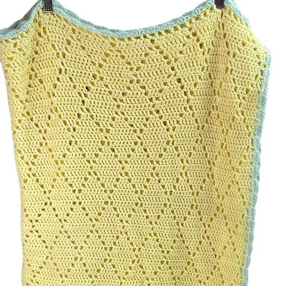 Hand Crafted Other - Crocheted Open Knit Infant Baby Blanket Handmade Yellow Blue Trim 62 X 62
